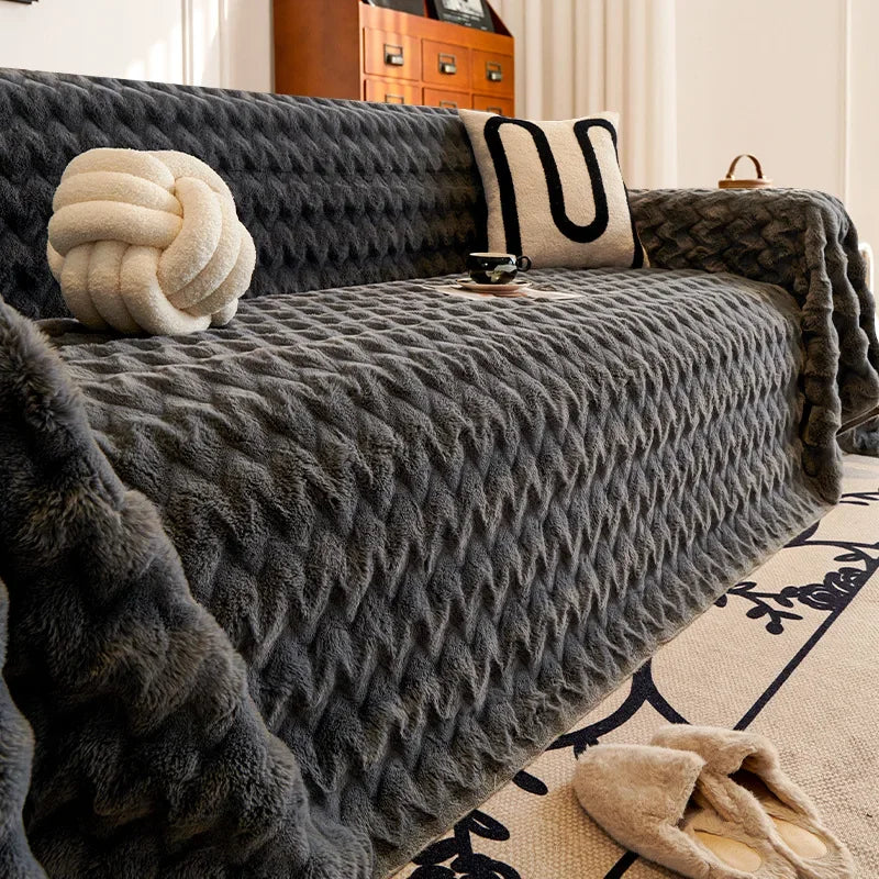 EIFLOY-Winter Rabbit Fur Plush Sofa Cover, Anti Slip, for Living Room, Warm Couch Armchair Slipcover, Sofa Towel Protector